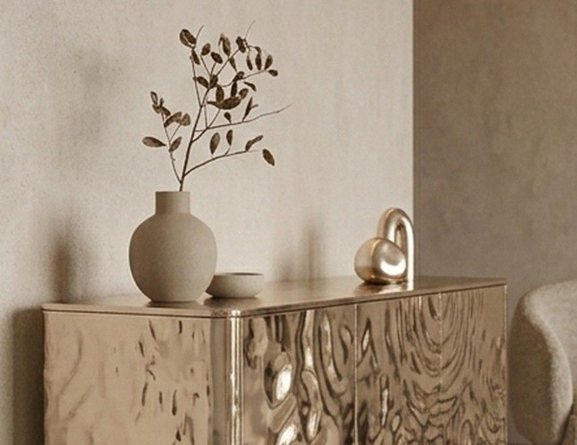 Aparador revestido em VITRUwave aço inox com textura de ondas
