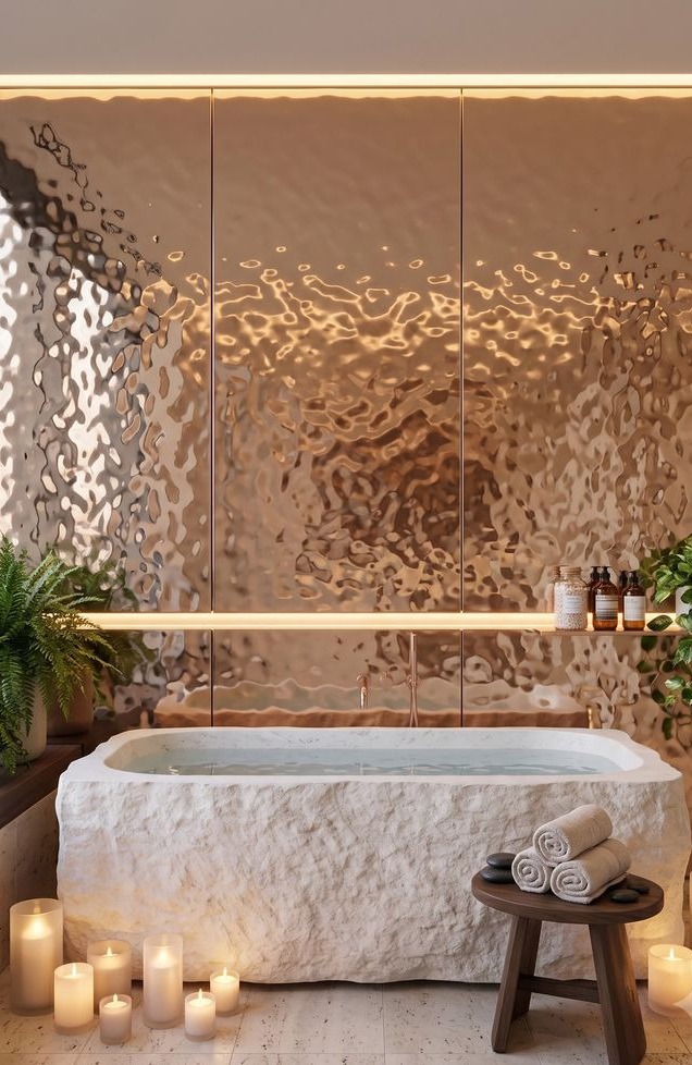 Parede em VITRUwave acabamento rosé com textura de água em spa